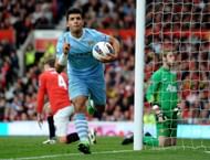 MANCHESTER, ENGLAND - OCTOBER 23:  Sergio Aguero of Manchester City celebrates scoring his team's third goal during the Barclays Premier League match between Manchester United and Manchester City at Old Trafford on October 23, 2011 in Manchester, England.  (Photo by Laurence Griffiths/Getty Images)